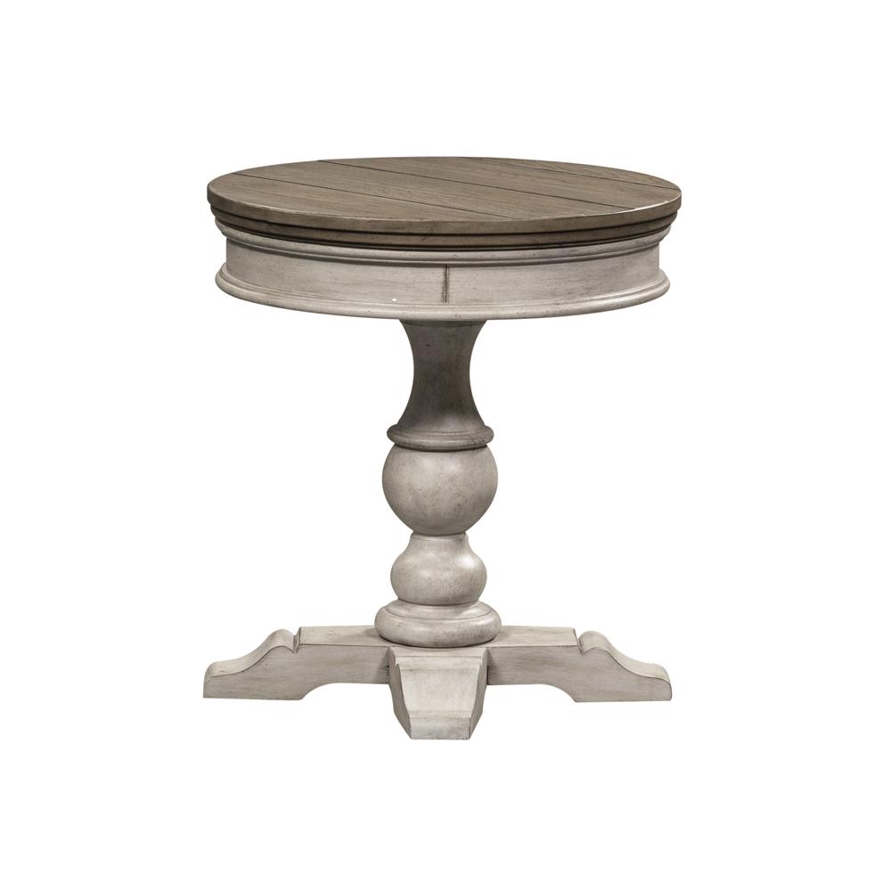 Heartland Round Pedestal Chair Side Table in Antique White w/ Tobacco Top. Picture 3