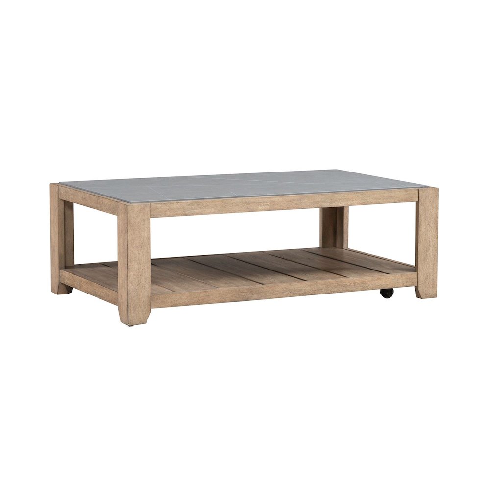 Millstone Cocktail Table with Unique Tile Top for Living Room - Nutmeg Oak Wood. Picture 8