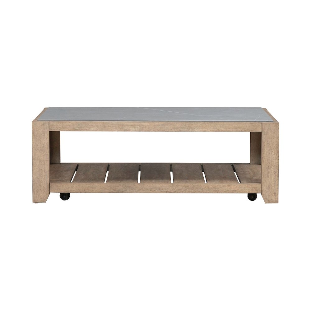 Millstone Cocktail Table with Unique Tile Top for Living Room - Nutmeg Oak Wood. Picture 1