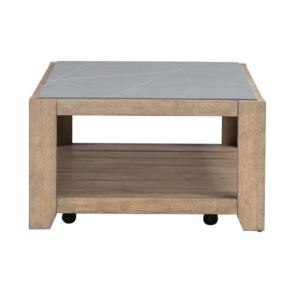 Millstone Cocktail Table with Unique Tile Top for Living Room - Nutmeg Oak Wood. Picture 2