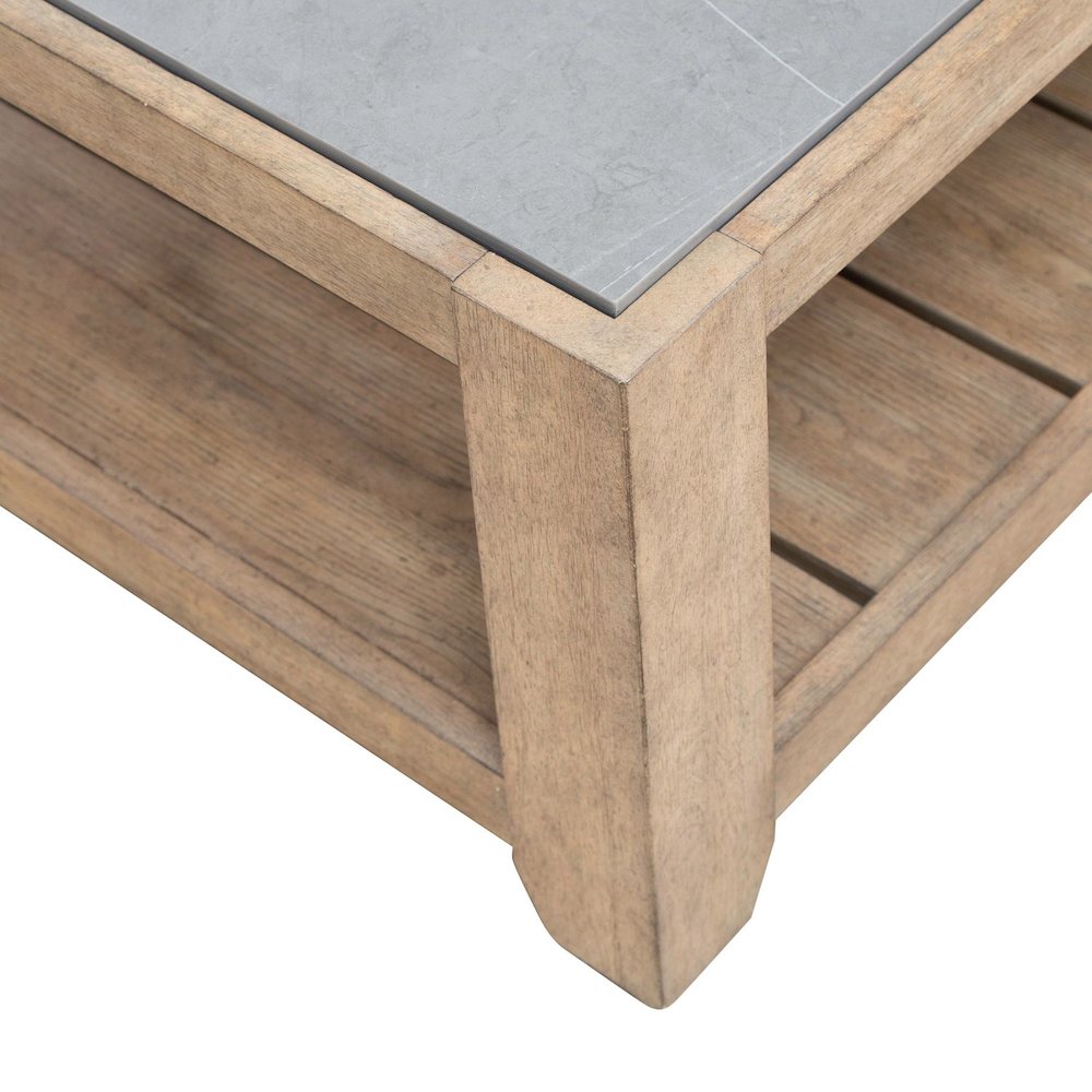 Millstone Cocktail Table with Unique Tile Top for Living Room - Nutmeg Oak Wood. Picture 4