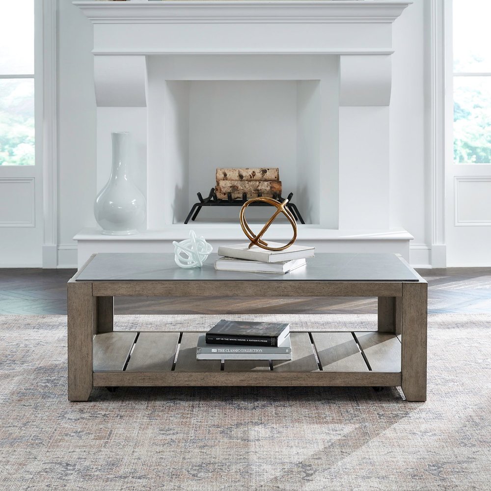 Millstone Cocktail Table with Unique Tile Top for Living Room - Nutmeg Oak Wood. Picture 9