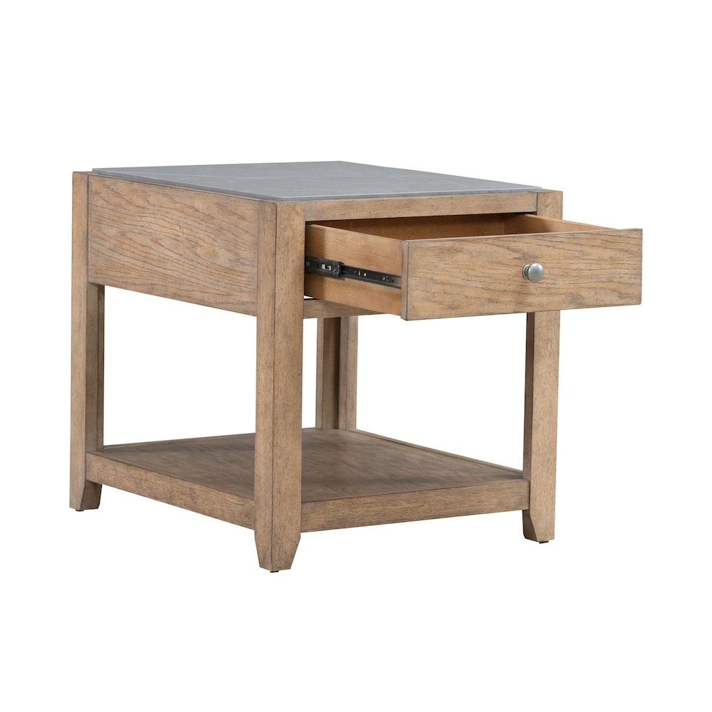 Millstone End Table with Unique Tile Top for Living Room - Nutmeg Oak Wood. Picture 5