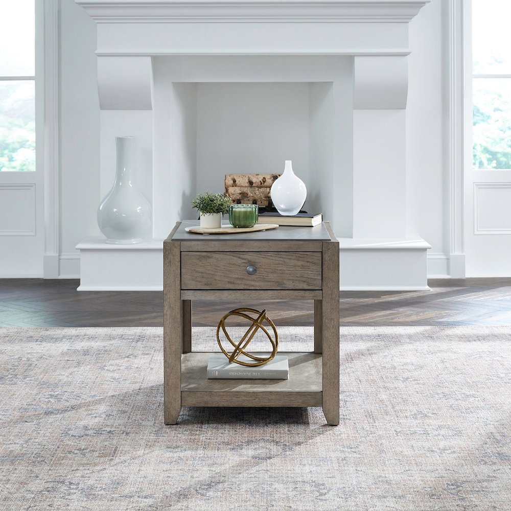Millstone End Table with Unique Tile Top for Living Room - Nutmeg Oak Wood. Picture 9