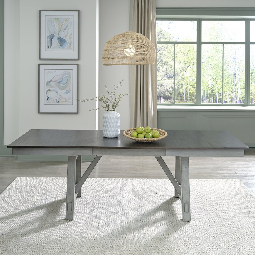 Newport Trestle Table Set in Rubberwood Solids w/ Mindy Veneers. Picture 1