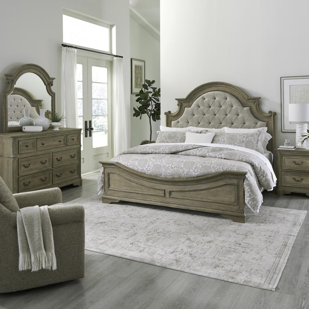 King Upholstered Bed, Dresser & Mirror, Night Stand - Weathered Bisque. Picture 1