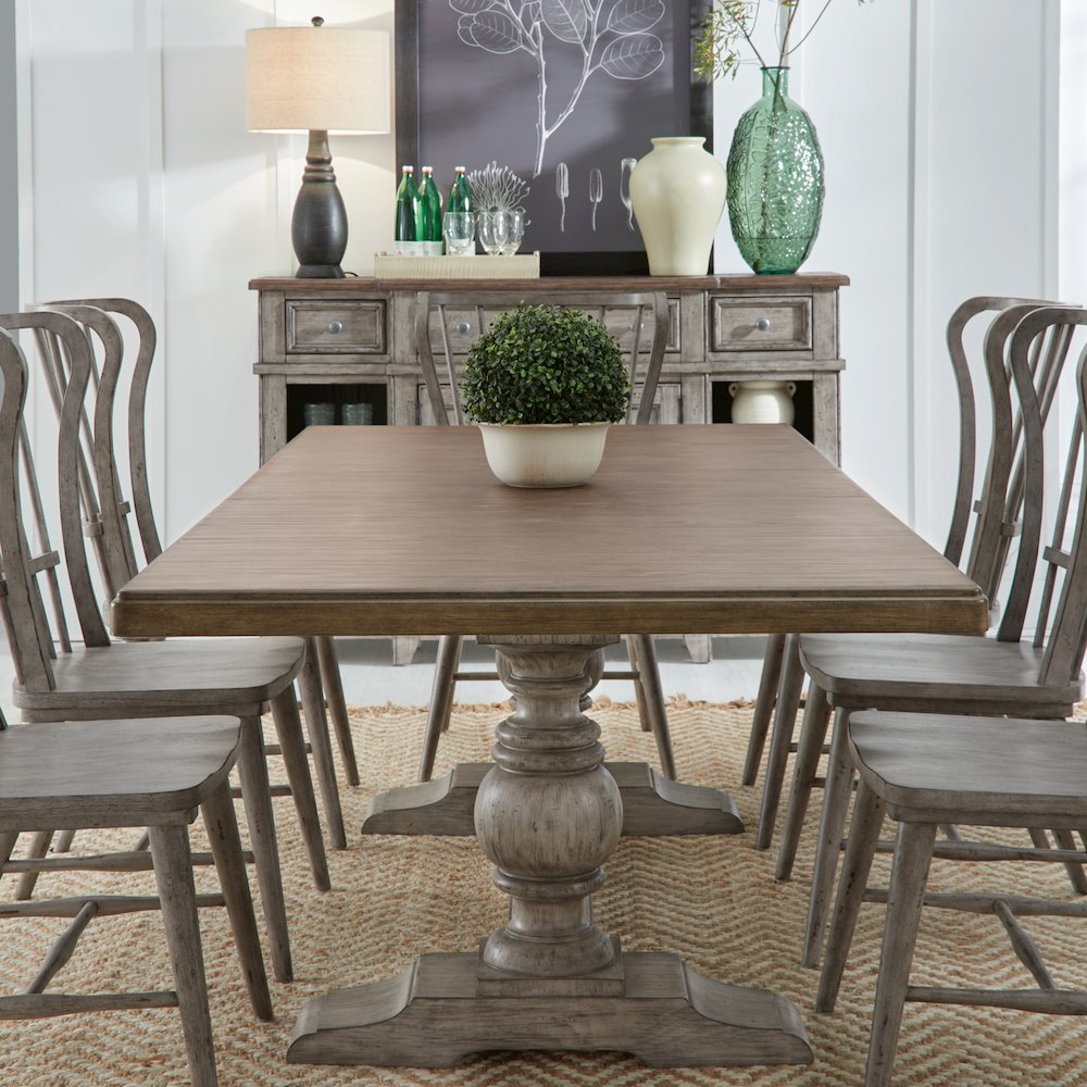 River Place River Place 9 Piece Trestle Table Set - Riverstone Gray & Tobacco. Picture 1
