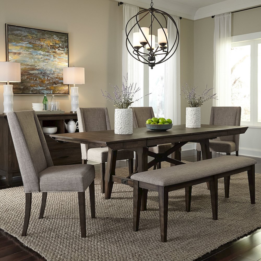 Optional 6 Piece Trestle Table Set in Rubberwood Solids and Acacia Veneers. Picture 15