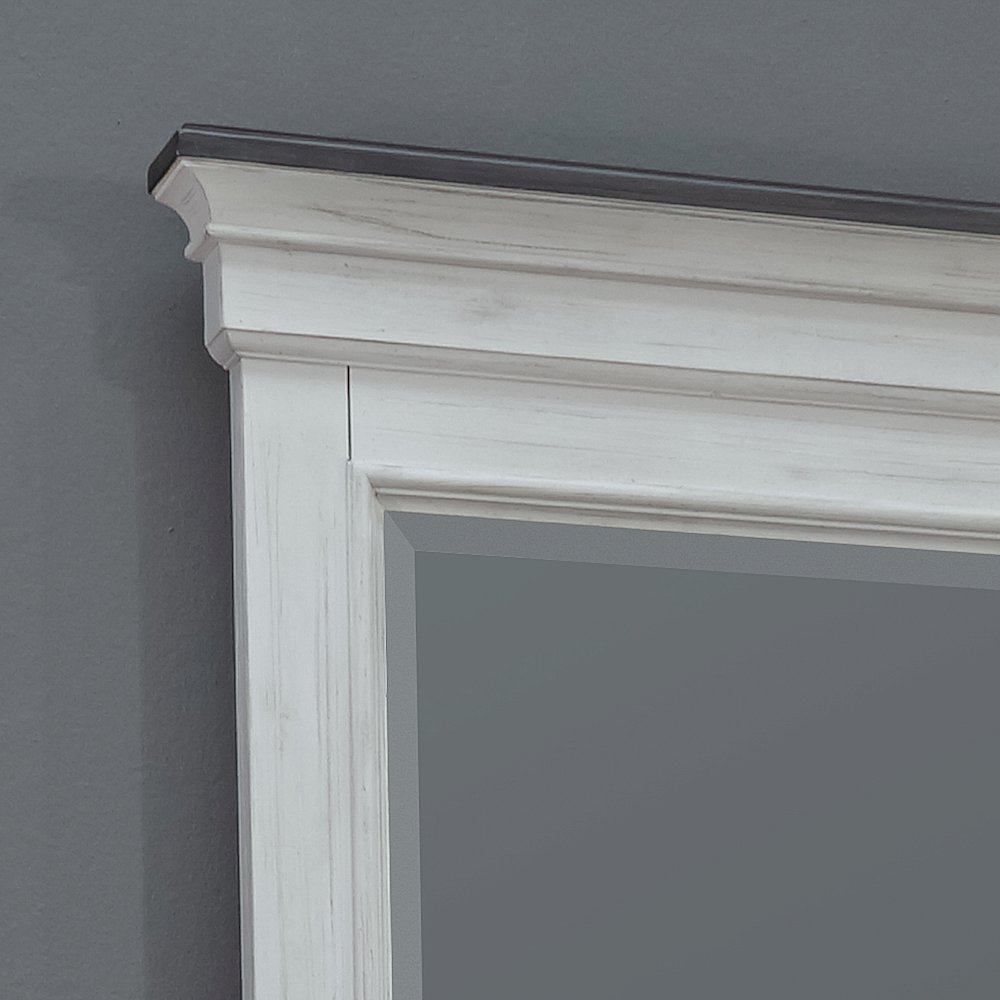 Queen Panel Bed, Dresser & Mirror - Wirebrushed White w/ Charcoal Tops. Picture 10