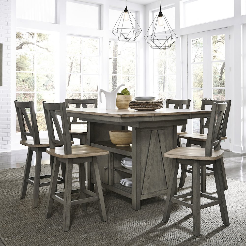 Lindsey Farm 7 Piece Gathering Table Set in Rubberwood Solids & Veneers w/ MDF. Picture 1