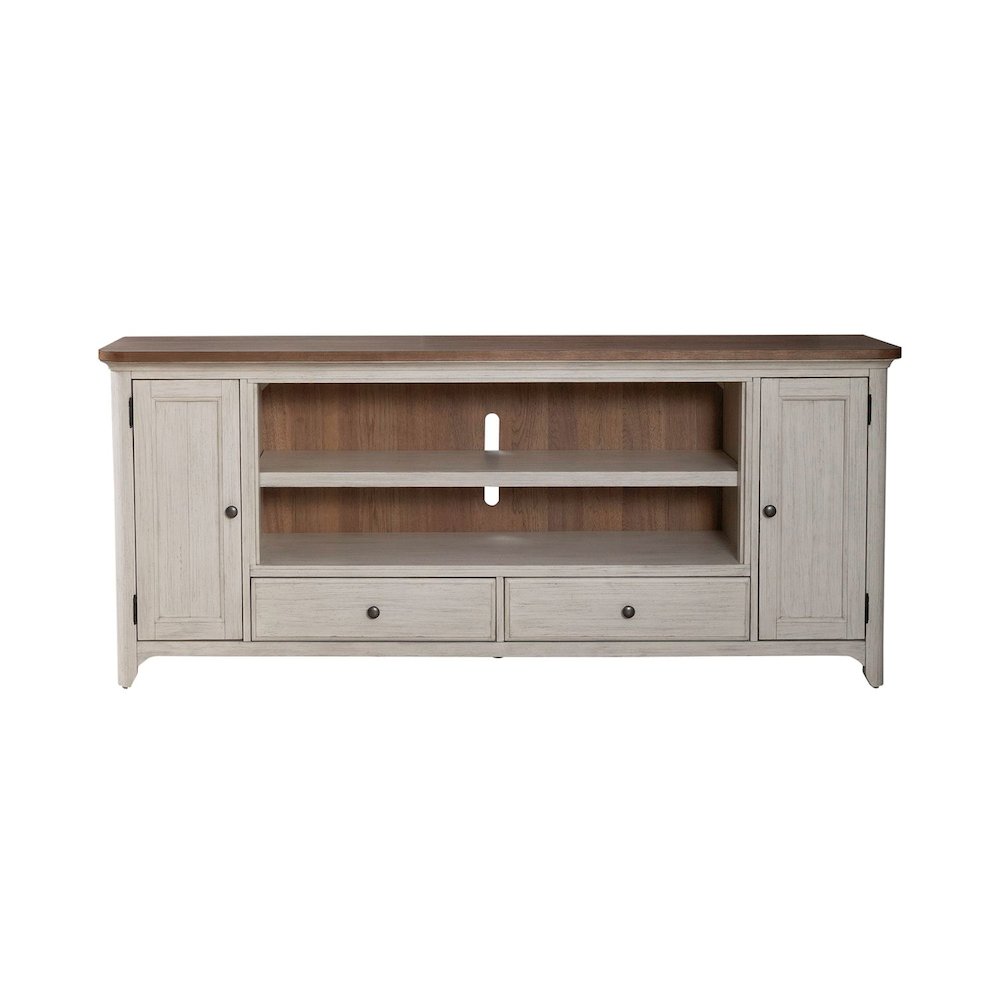 Farmhouse Reimagined 80 Inch TV Console  - Antique White with Chestnut Tops. Picture 8