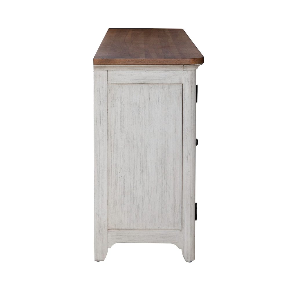 Farmhouse Reimagined 80 Inch TV Console  - Antique White with Chestnut Tops. Picture 1
