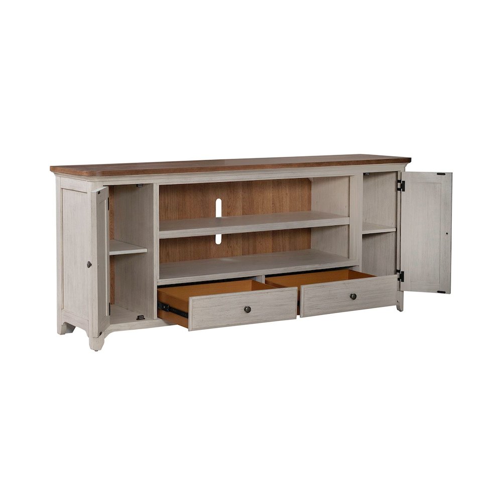 Farmhouse Reimagined 80 Inch TV Console  - Antique White with Chestnut Tops. Picture 4