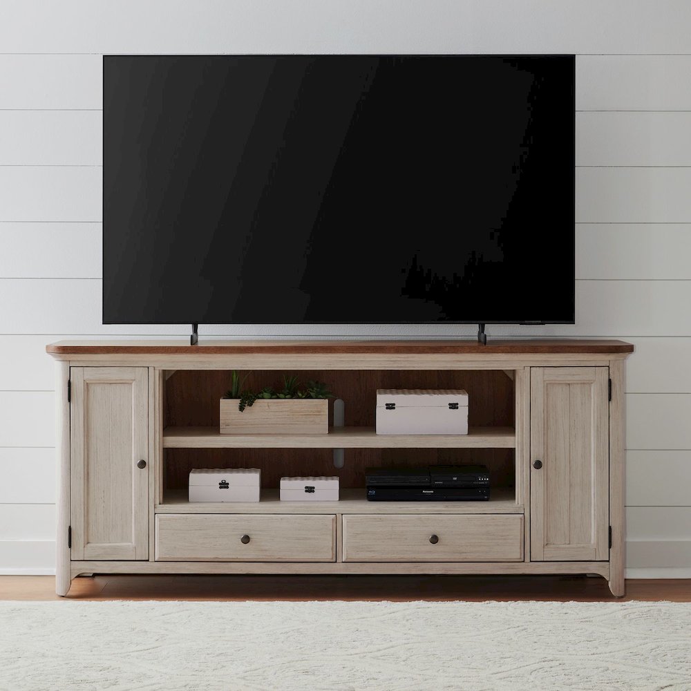 Farmhouse Reimagined 80 Inch TV Console  - Antique White with Chestnut Tops. Picture 9