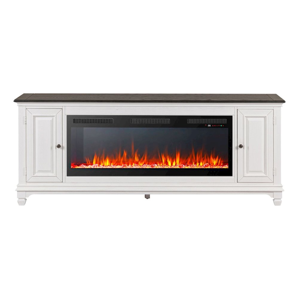 Heated LED Fireplace TV Consoles 80 Inch - Wirebrushed White with Charcoal Tops. Picture 8