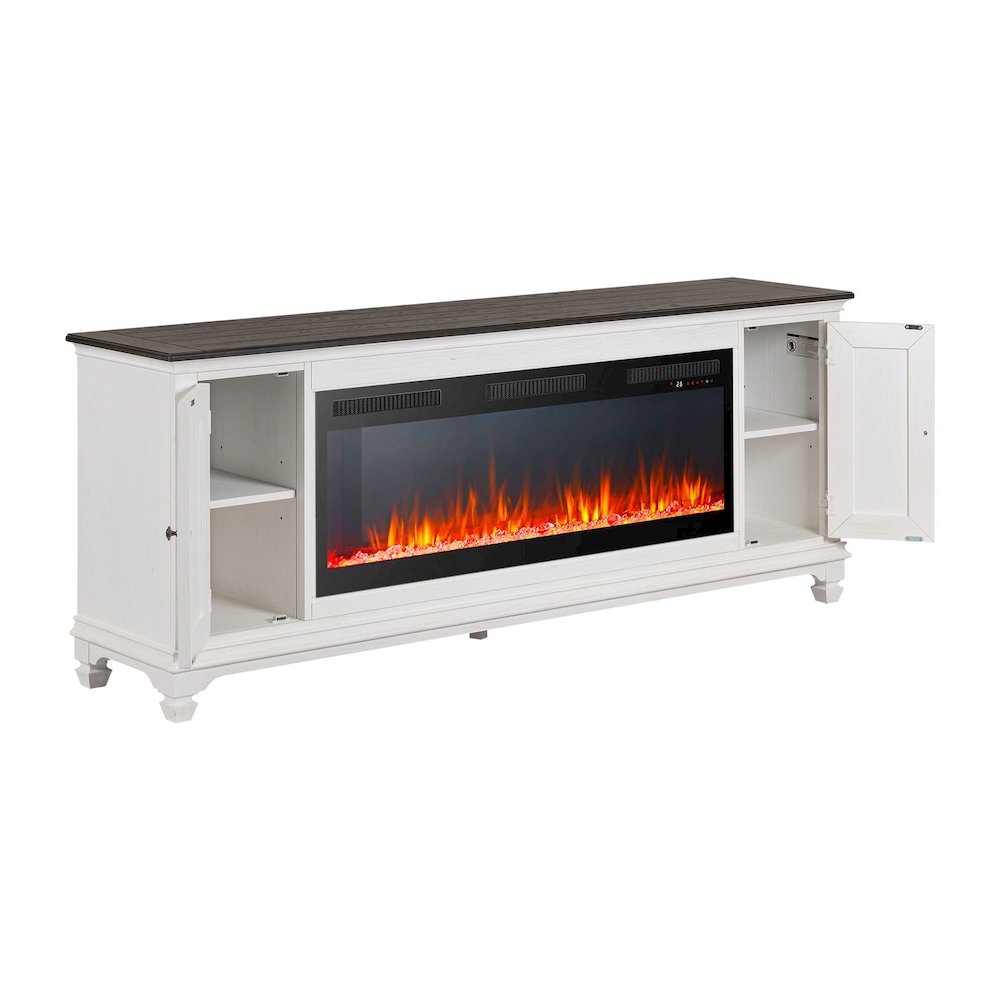 Heated LED Fireplace TV Consoles 80 Inch - Wirebrushed White with Charcoal Tops. Picture 4