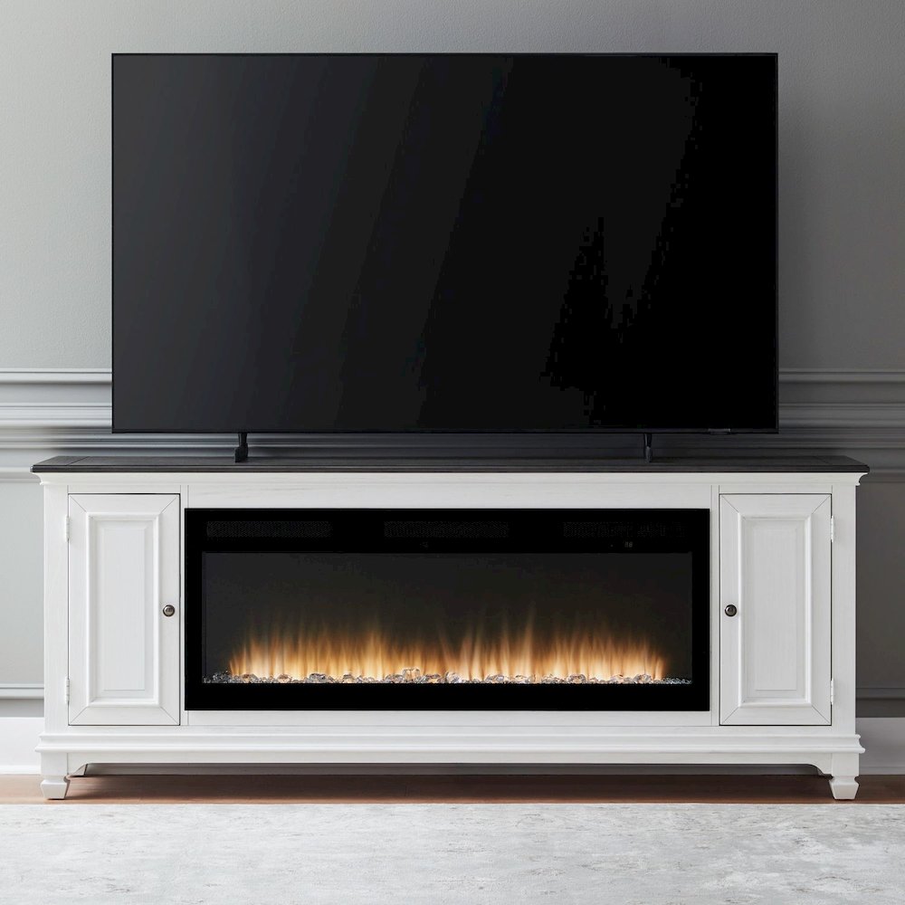 Heated LED Fireplace TV Consoles 80 Inch - Wirebrushed White with Charcoal Tops. Picture 9