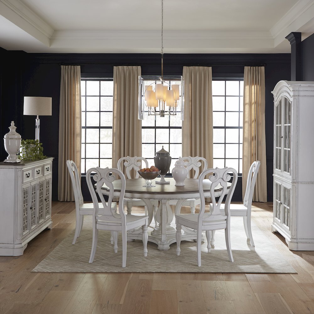 7 Piece Round Pedestal Table Dining Room Set with 6 Side Chairs. Picture 1