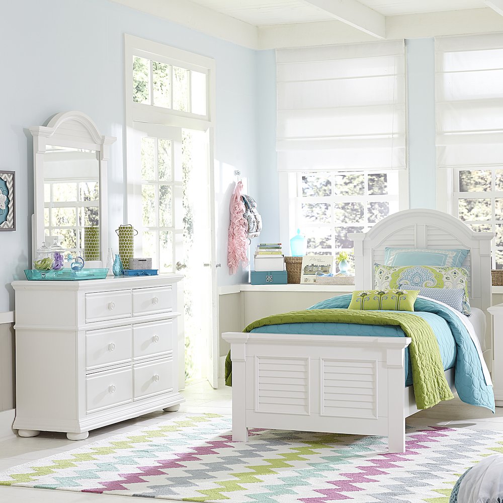 Full Panel Bed, Dresser & Mirror in Pine Solids with Painted MDF & Wood Products. Picture 1