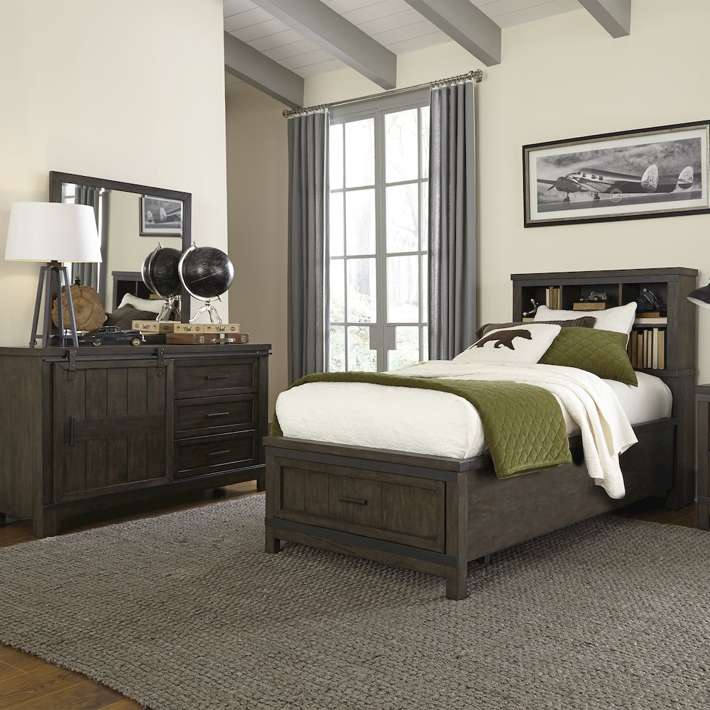 Twin Bookcase Bed, Dresser & Mirror in Rubberwood Solids and Mango Veneers. Picture 2