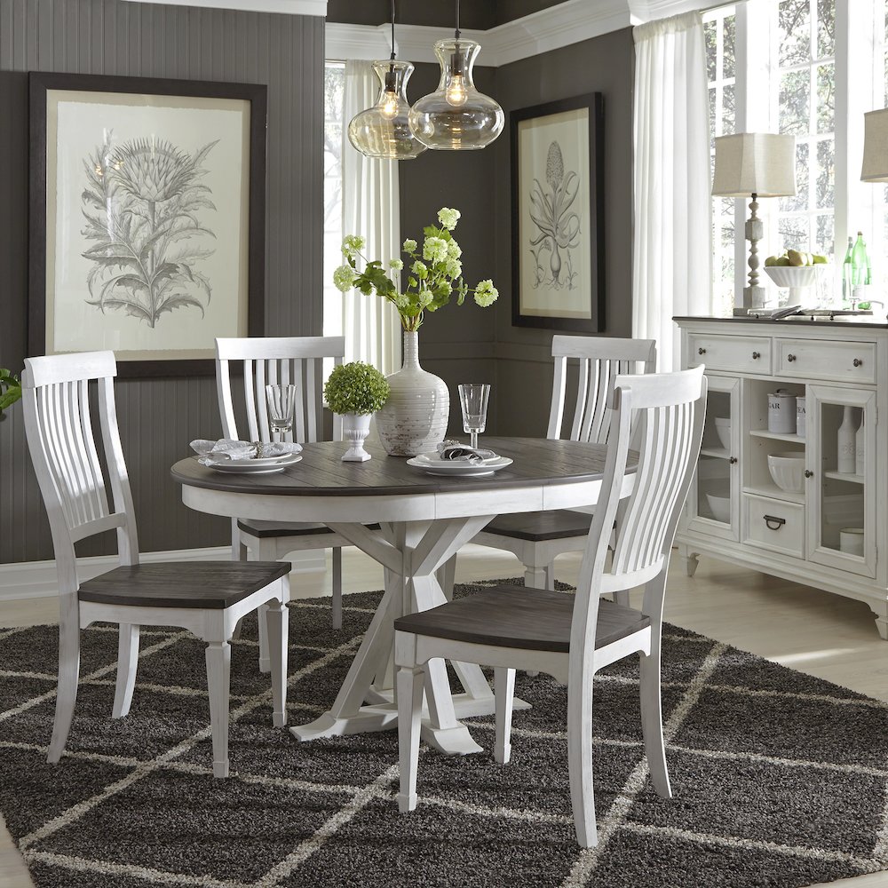 5 Piece Pedestal Table Set in Poplar & Rubberwood Solids w Pine Veneer. Picture 3