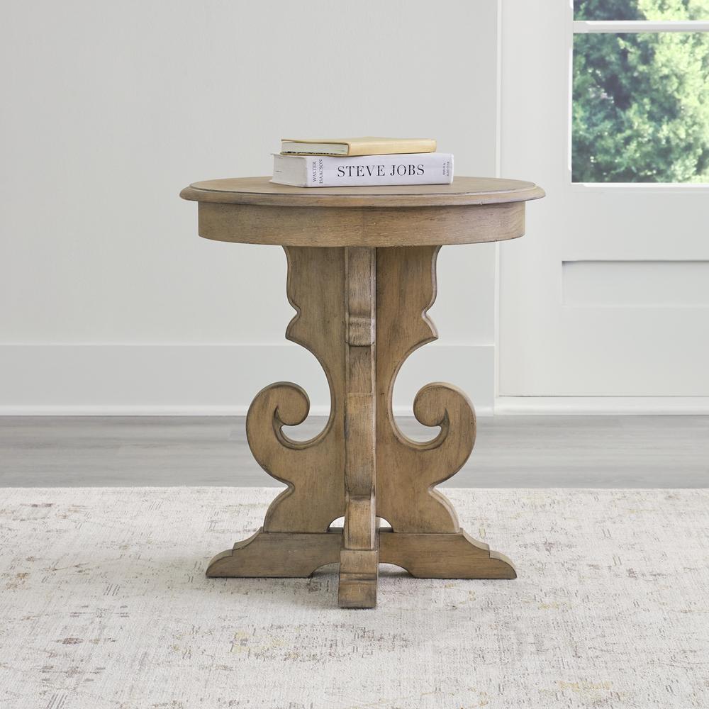 Magnolia Manor Round End Table in Weathered Bisque. Picture 1