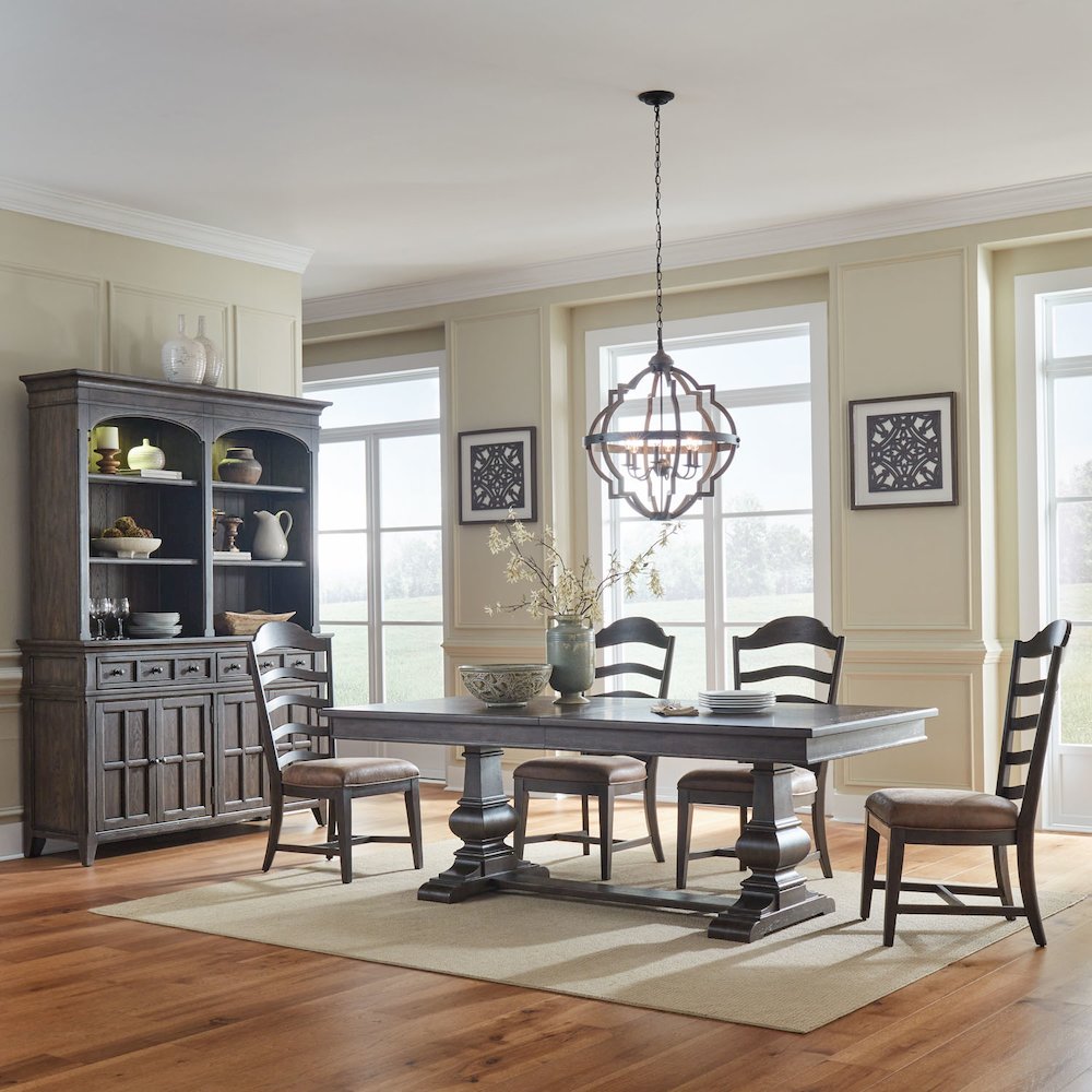 5 Piece Trestle Table Set in Rubberwood Solids & Split Heart White Oak Veneers. Picture 1