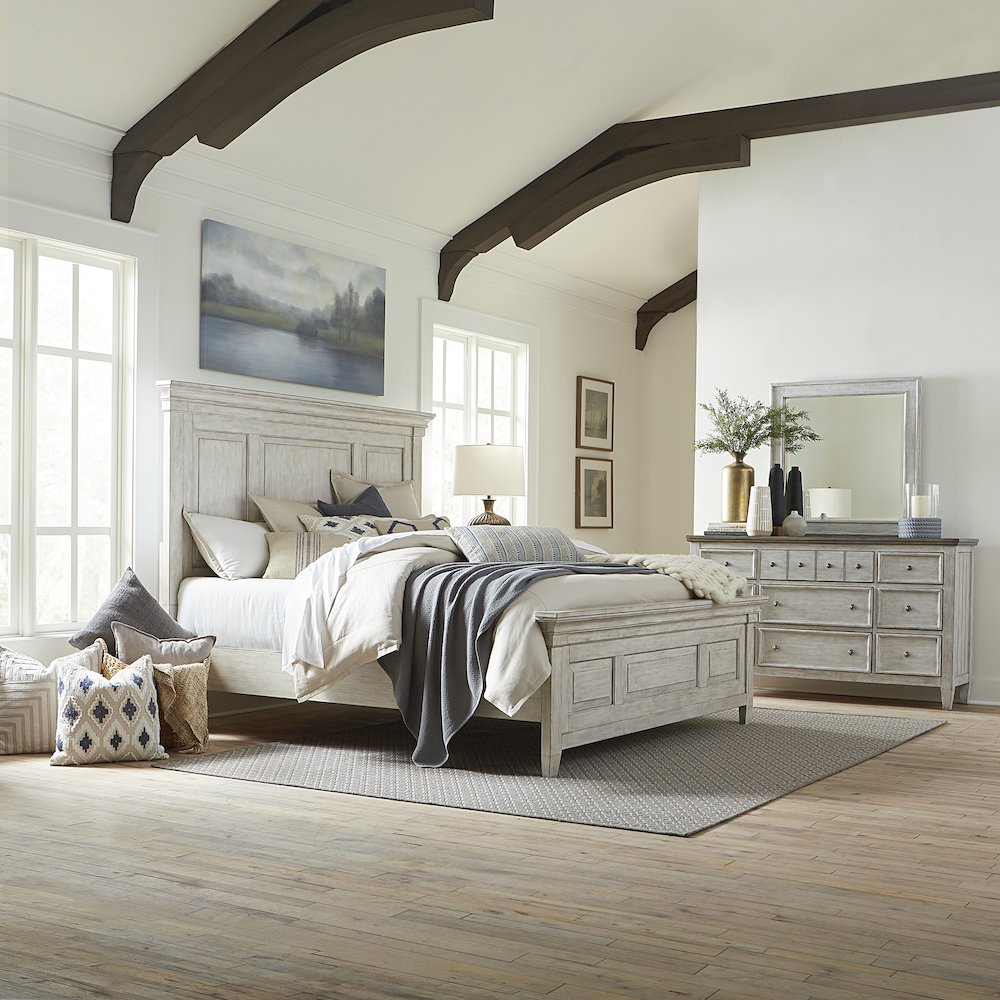 Heartland Queen Panel Bed, Dresser & Mirror - Antique White w/ Tobacco Tops. Picture 1