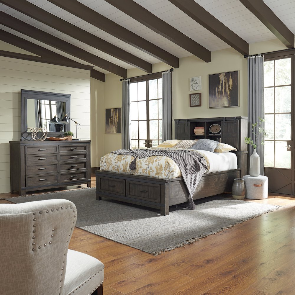 King Bookcase Bed, Dresser & Mirror in Rubberwood Solids and Mango Veneers. Picture 3