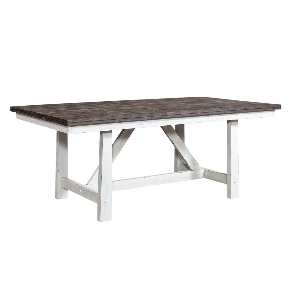 Farmhouse 5 Piece Trestle Table Set in Two Tone White w/ Wood Tone Top. Picture 2