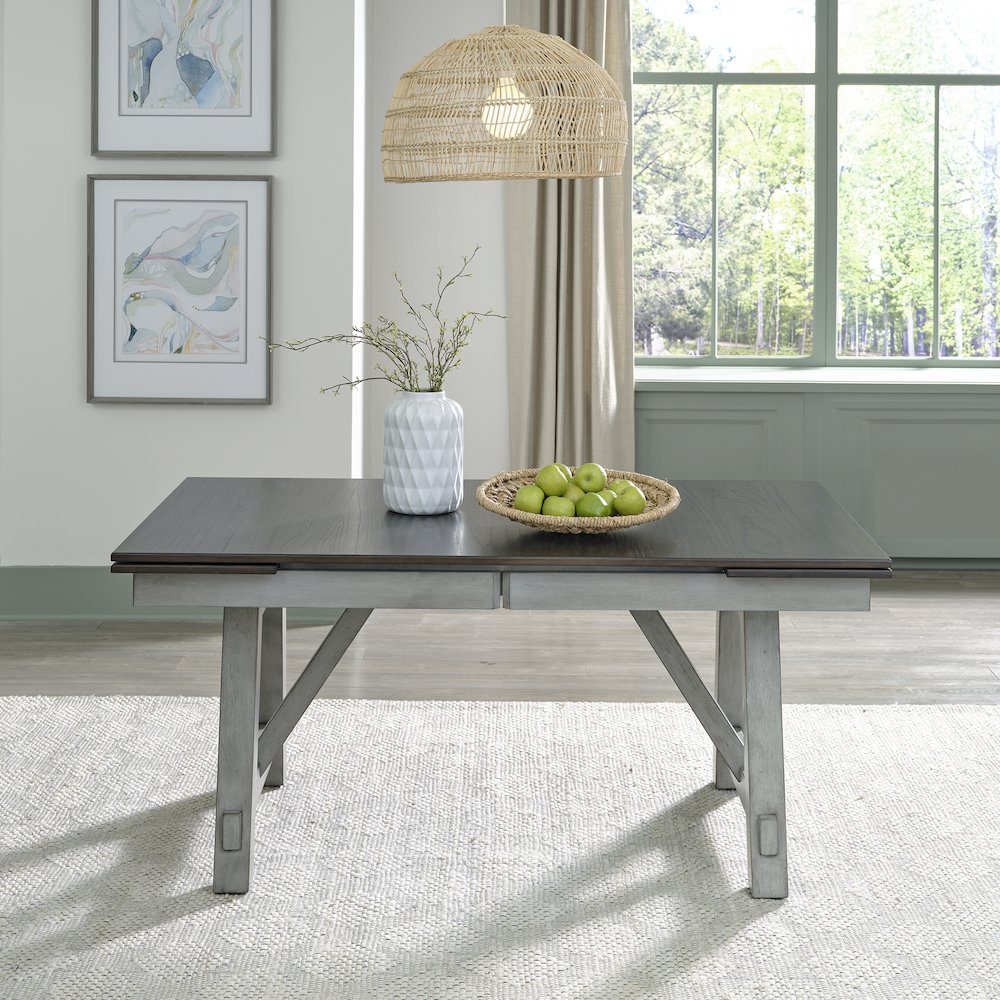 Newport Trestle Table Set in Rubberwood Solids w/ Mindy Veneers. Picture 2