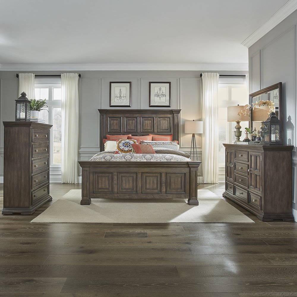 Queen Panel Bed, Dresser & Mirror, Chest - Brownstone w/ Heavy Distressing. Picture 1