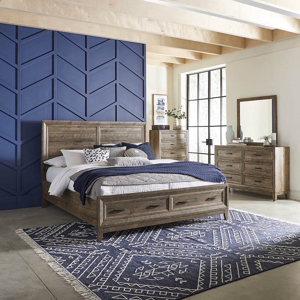 King Storage Bed, Dresser & Mirror, Chest in Rubberwood Solids w/ Paper Laminate. Picture 4