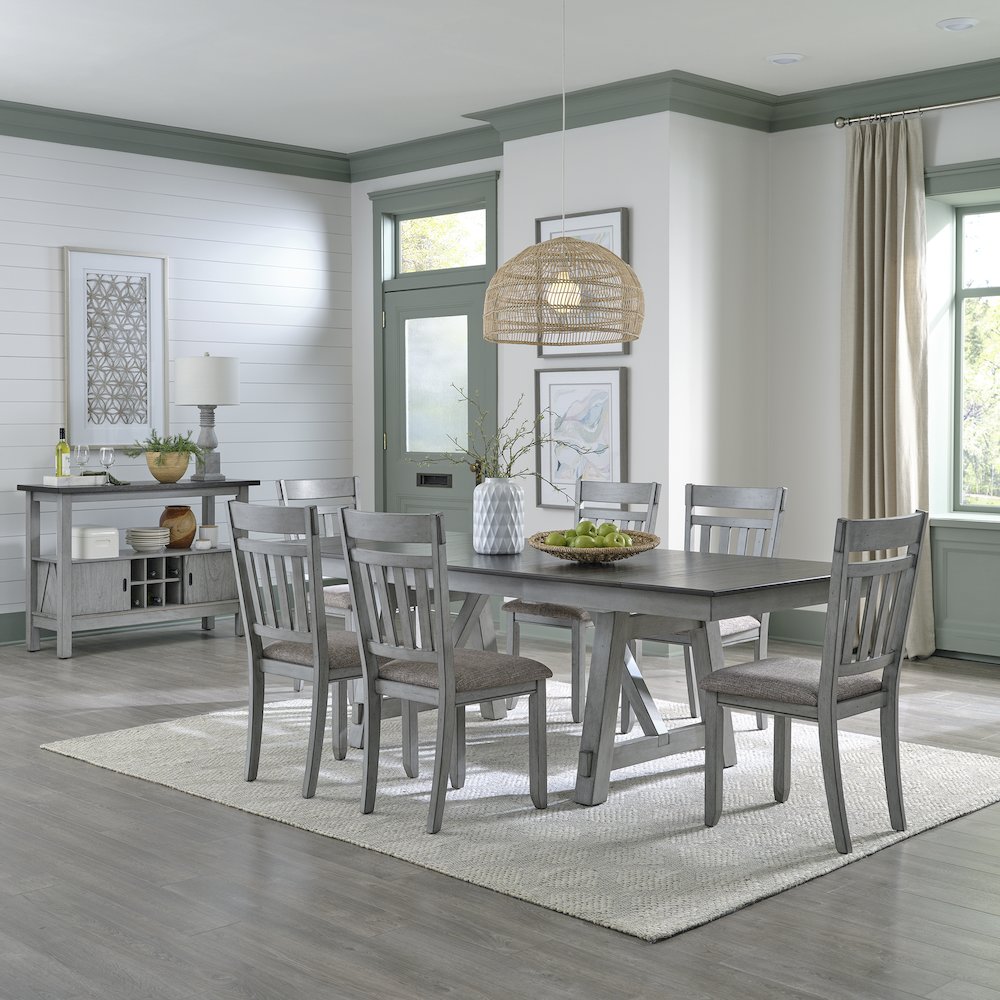 Newport 7 Piece Trestle Table Set in Rubberwood Solids w/ Mindy Veneers. Picture 1