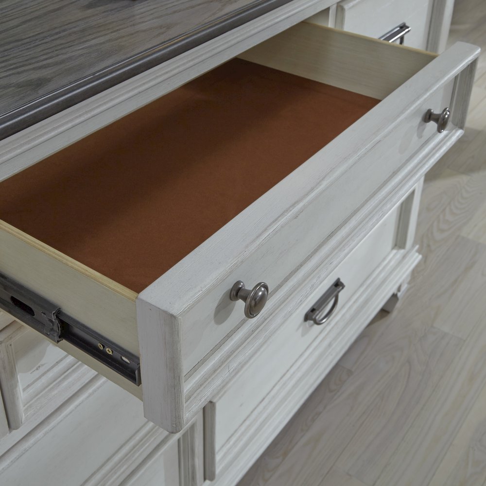 Queen Panel Bed, Dresser & Mirror - Wirebrushed White w/ Charcoal Tops. Picture 9