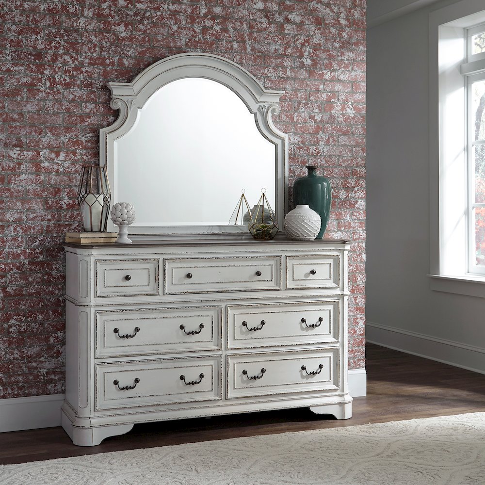 Queen Upholstered Sleigh Bed, Dresser & Mirror, Night Stand - Antique White. Picture 2