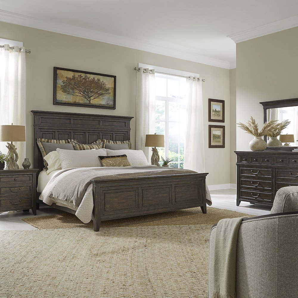 Paradise Valley Queen Panel Bed, Dresser & Mirror, Night Stand - Saddle Brown. Picture 1