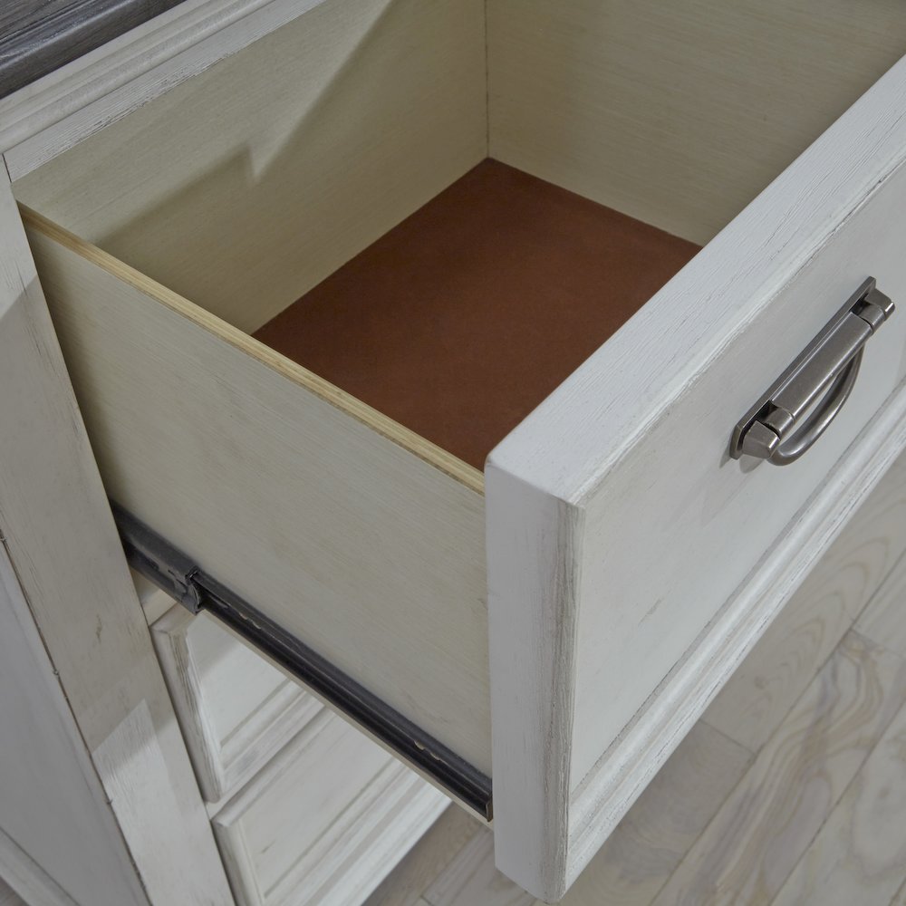 Queen Panel Bed, Dresser & Mirror - Wirebrushed White w/ Charcoal Tops. Picture 4