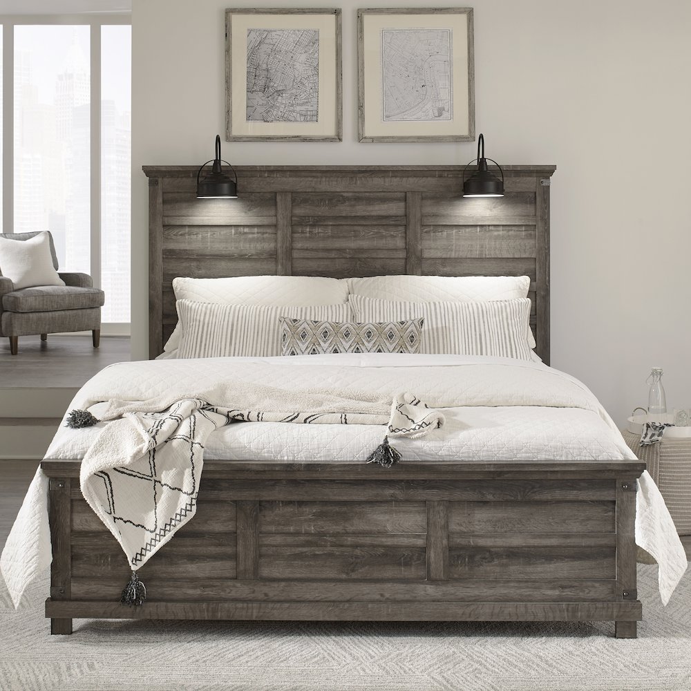 Lakeside Haven Queen Panel Bed in Rubberwood Solid Frame w/ 3D Paper Laminate. Picture 1