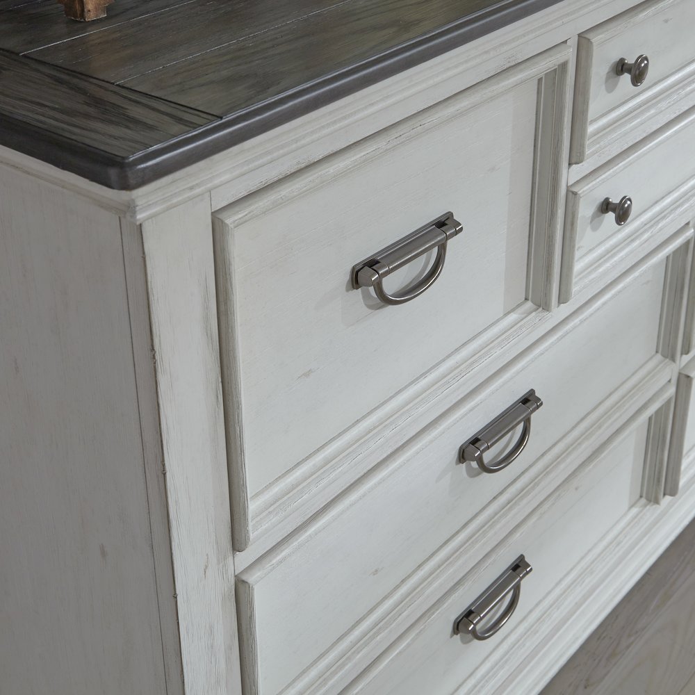 Queen Panel Bed, Dresser & Mirror - Wirebrushed White w/ Charcoal Tops. Picture 14