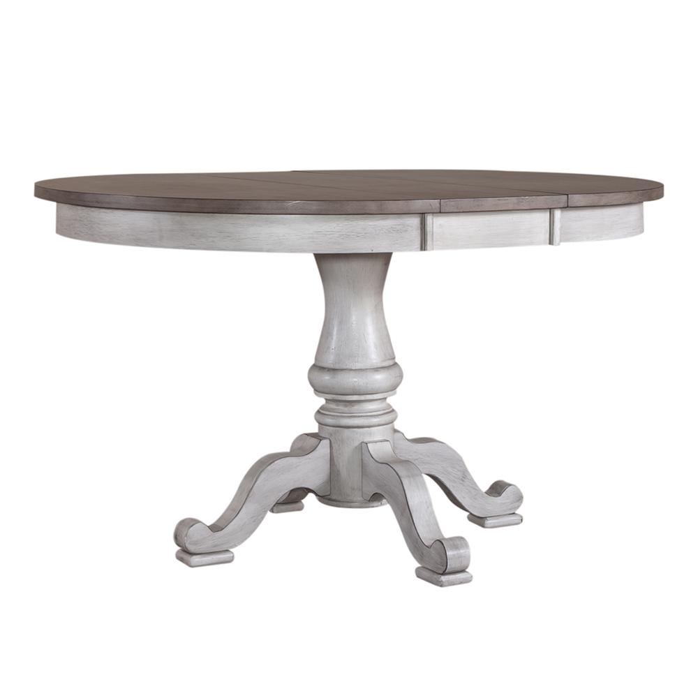 Ocean Isle Pedestal Table Set in Antique White w/ Weathered Pine. Picture 1