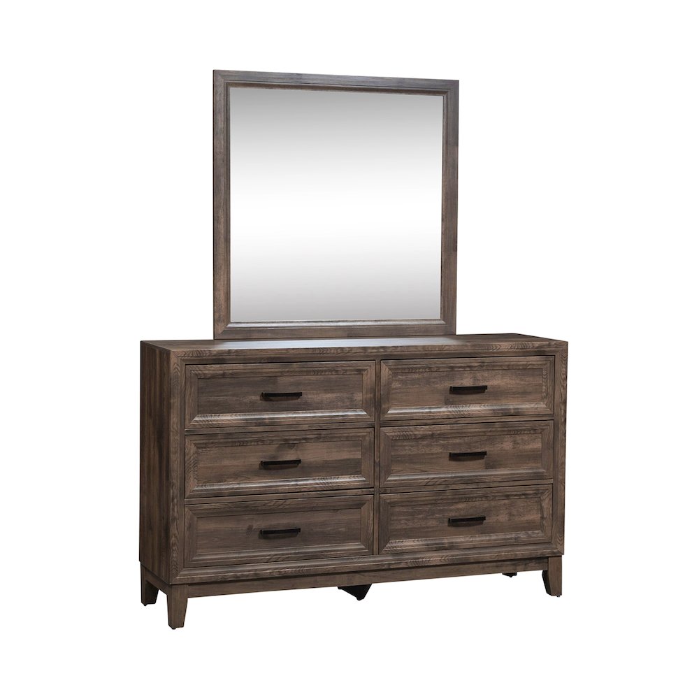 Queen Panel Bed, Dresser & Mirror, Chest in Rubberwood Solids w/ Paper Laminate. Picture 1