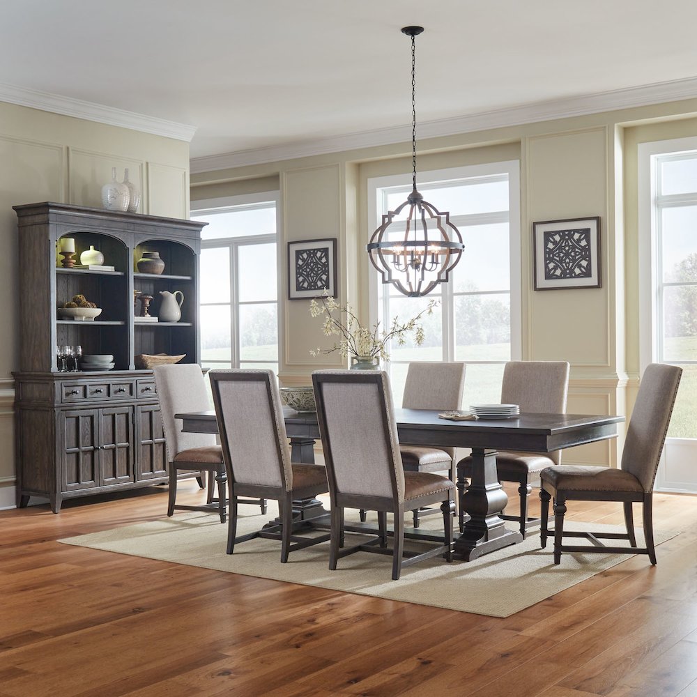 Paradise Valley Opt 7 Piece Trestle Table Set in Saddle Brown color. Picture 1