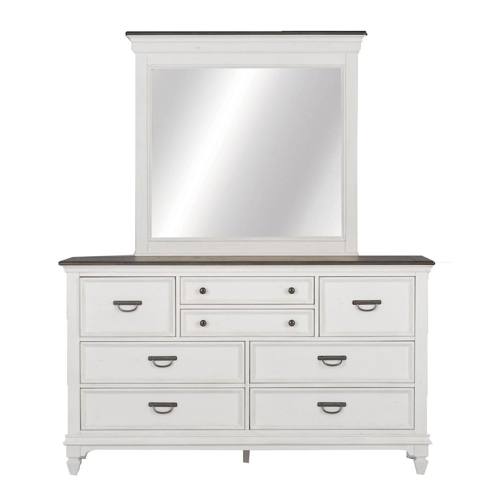 Queen Panel Bed, Dresser & Mirror - Wirebrushed White w/ Charcoal Tops. Picture 3