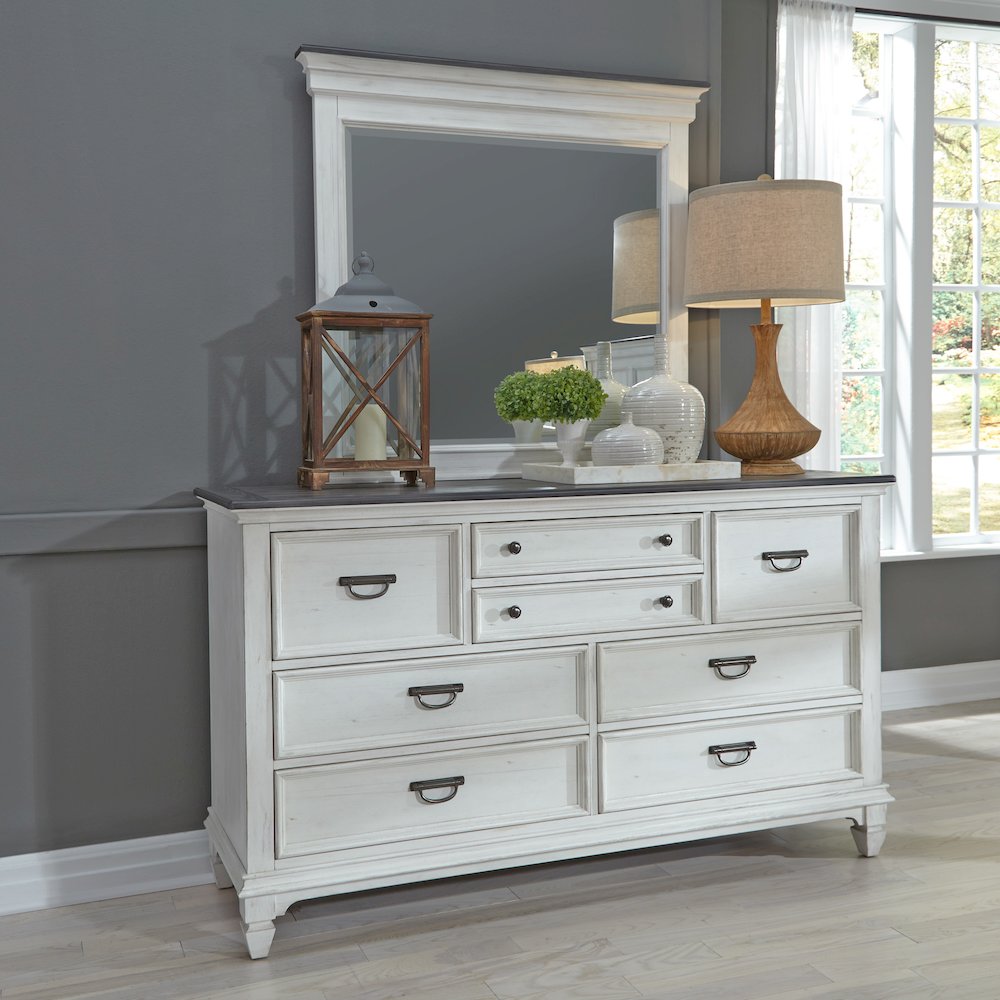 Queen Panel Bed, Dresser & Mirror - Wirebrushed White w/ Charcoal Tops. Picture 15