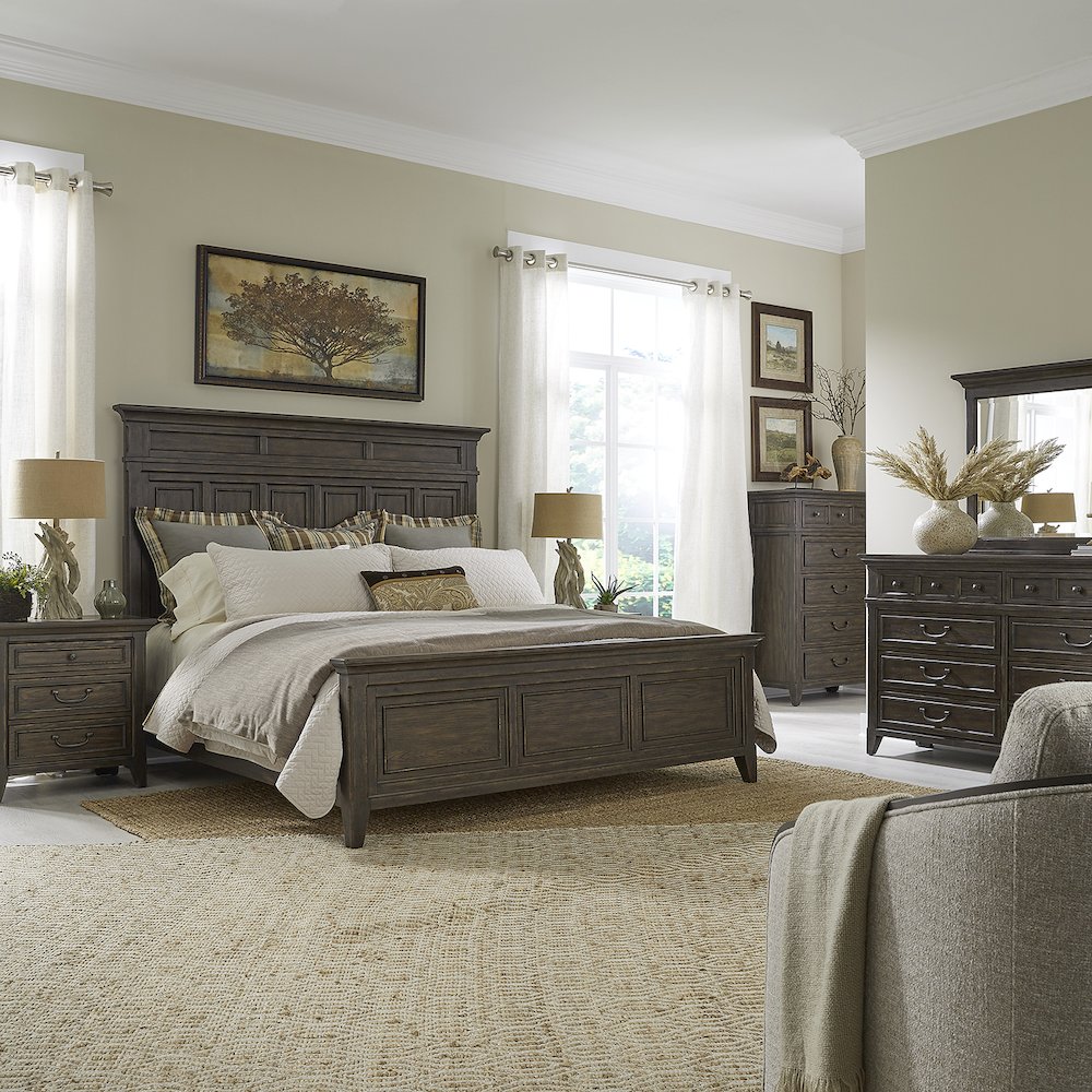 Queen Panel Bed, Dresser & Mirror, Chest, Night Stand - Saddle Brown. Picture 1
