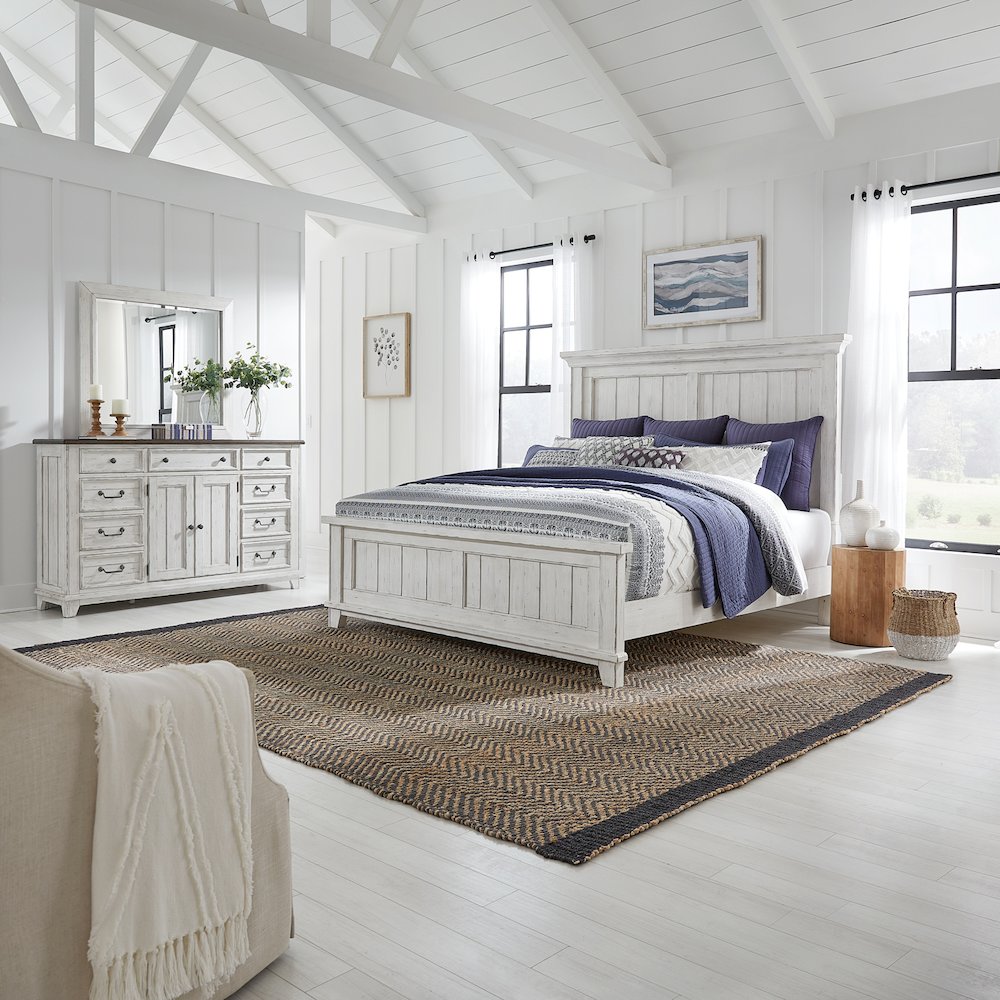 River Place Queen Panel Bed, Dresser & Mirror - Riverstone White & Tobacco. Picture 1