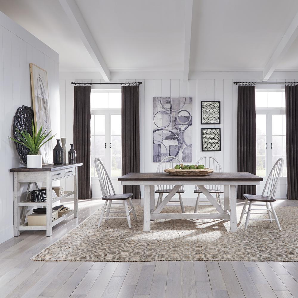 Farmhouse 5 Piece Trestle Table Set in Two Tone White w/ Wood Tone Top. Picture 1
