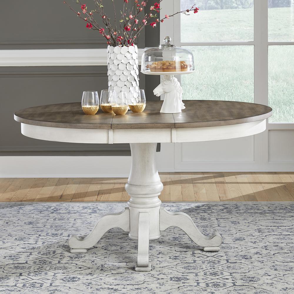 Ocean Isle Pedestal Table Set in Antique White w/ Weathered Pine. Picture 3