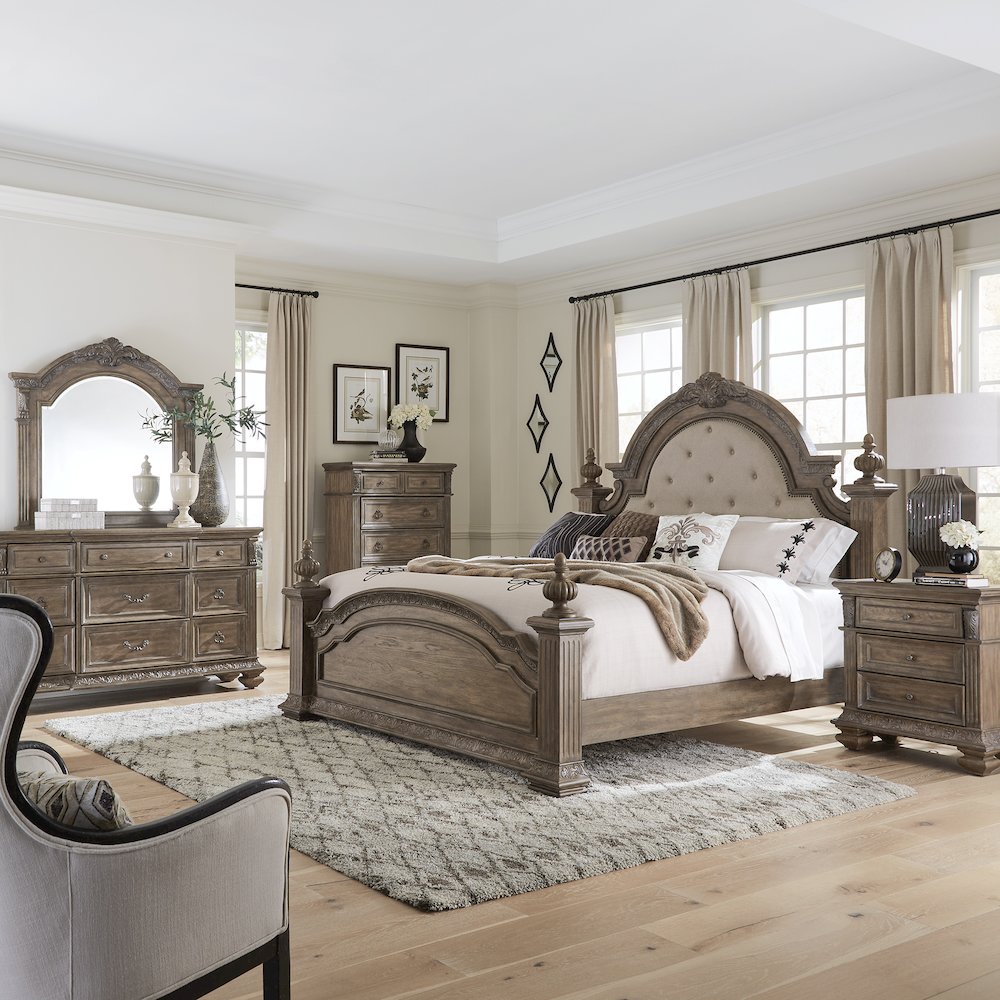 Queen Poster Bed, Dresser & Mirror, Chest, N/S - Chestnut w/ Dusty Wax. Picture 1